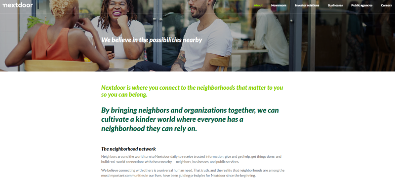 NextDoor Website Screen Shot = We believe in the Possibilities nearby