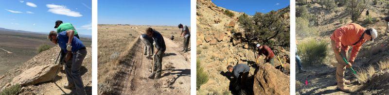 From left to right: First picture is two men, one in a blue shirt, the other in a green shirt using tools to move a big boulder in front of them. The second picture is three men in gray shirts on a dirt road using tools to build trails. The third picture is two men, one in a gray shirt, the other in a red shirt wearing a ballcap using tools to dig new trail next to a big boulder. The fourth picture is a man in an orange shirt using tools to build trails.