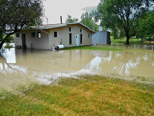 A house with its surrounding yard flooded with muddy water. 