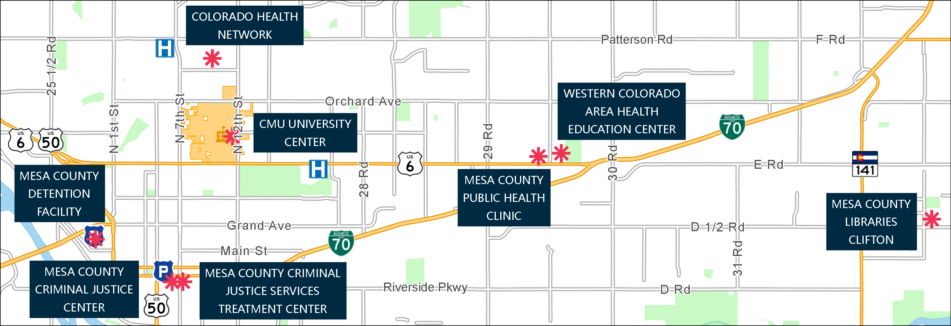 Map of Mesa County showing the location of the kiosks, a caption is provided below the image with all the location names.  