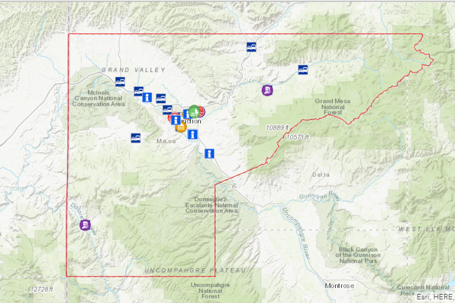 Screen shot of the Mesa County Facilities Map that shows the buildings supported by our Facilities department