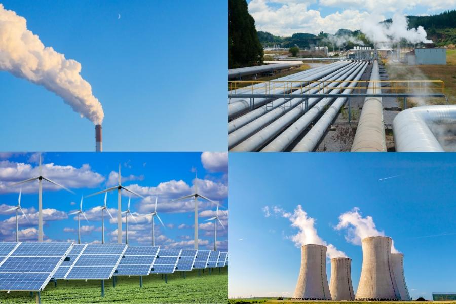 Gas energy, geothermal energy, wind and solar energy, and nuclear energy being produced. 
