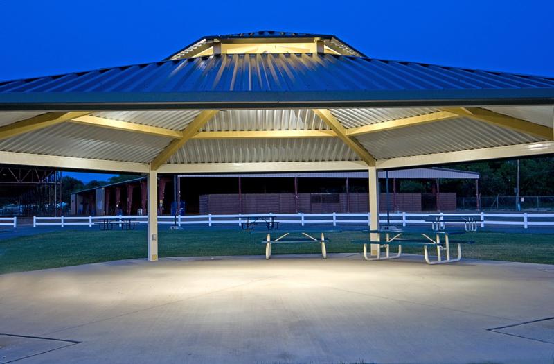 Photograph of gazebo at night in Exposition Park