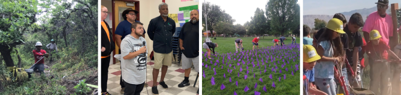 4 images, first of a trail builder in the forest, then a group showing 5 people representing the Spanish Advisory group, then individuals planting purple flags in grass, last children shoveling a little dirt