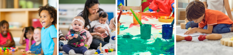 4 scenes of children playing with blocks, painting and drawing. 