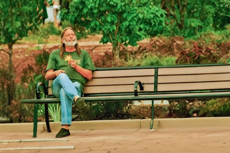 Man sits on a bench holding a leaf and looking off into the distance. 