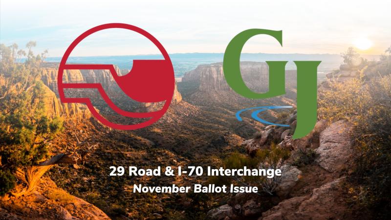 Red Mesa County logo next to green and blue City of Grand Junction logo and white text reading, "29 Road & I70 Interchange November Ballot Issue."