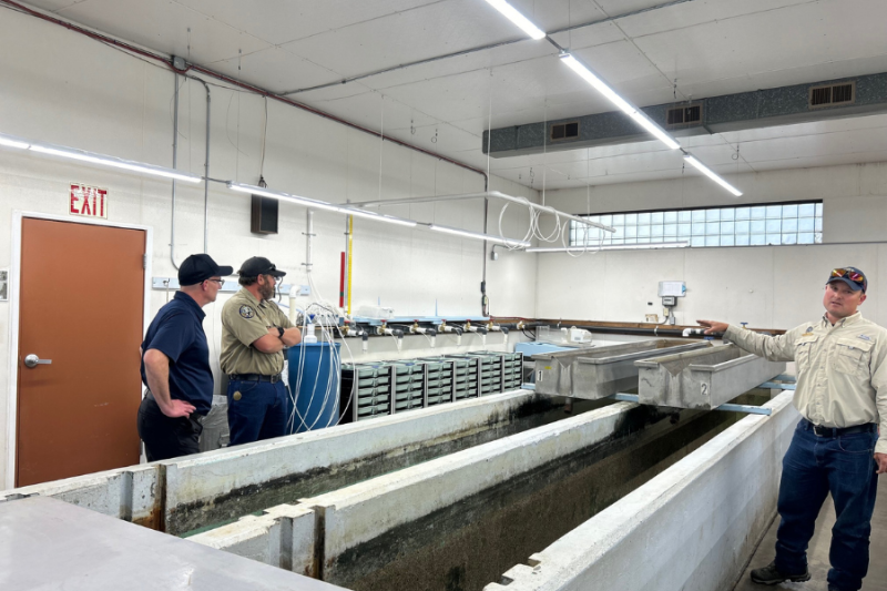 Three men standing inside a fish hatchery, with one gesturing towards the large water tanks while explaining something