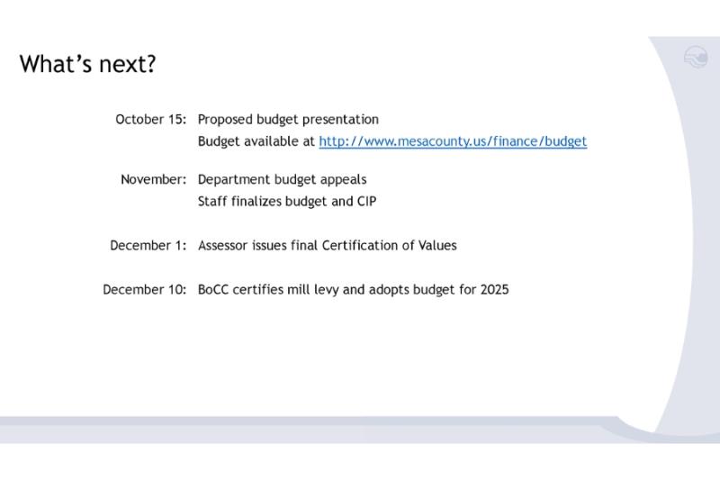 Black text reading, "What’s next?  October 15: Proposed budget presentation  Budget available at http://www.mesacounty.us/finance/budget  November: Department budget appeals Staff finalizes budget and CIP  December 1: Assessor issues final Certification of Values  December 10: BoCC certifies mill levy and adopts budget for 2025."