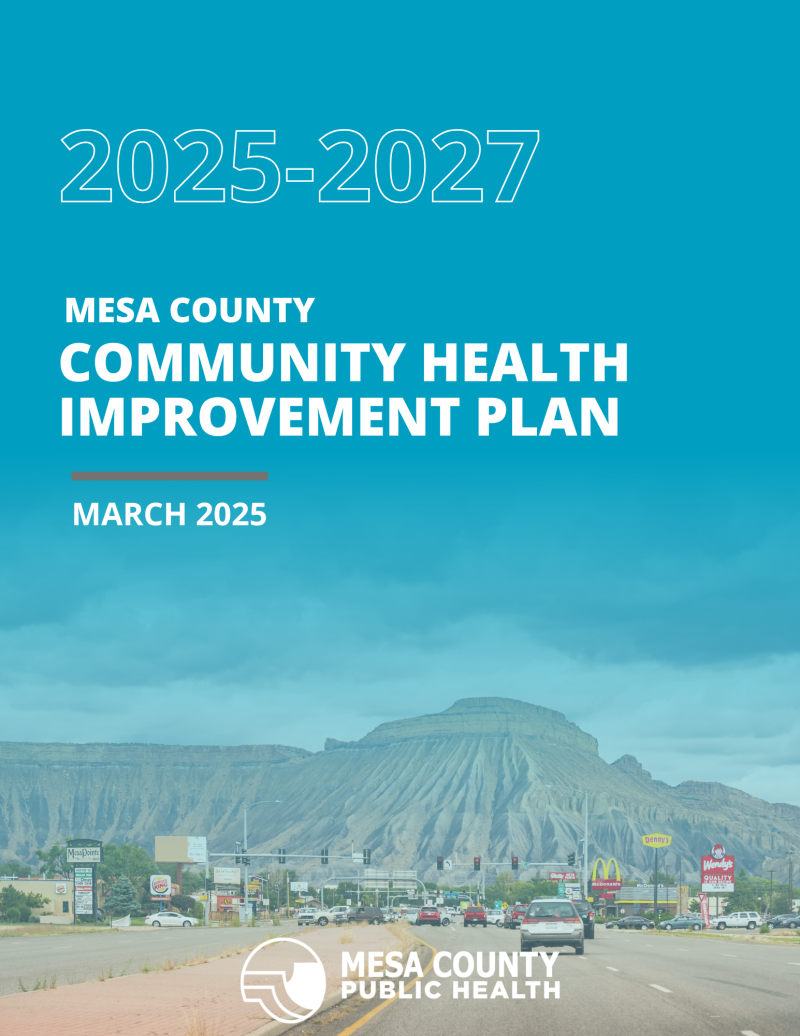 Blue cover with white text that reads, "Mesa County Community Health Improvement Plan."