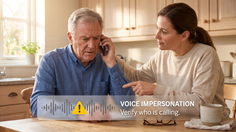 An older man answers a cell phone while a younger woman seated beside him points to a warning overlay reading, 'Voice impersonation, verify who is calling.