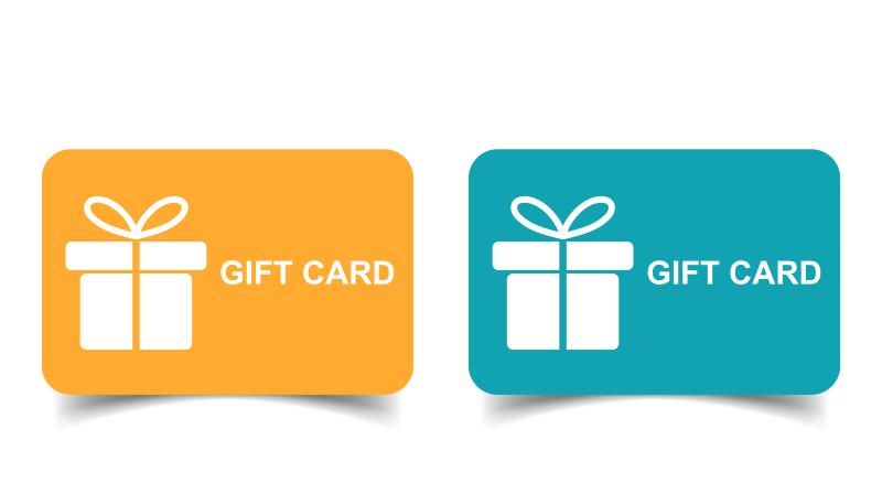 A yellow and and a blue gift card. 