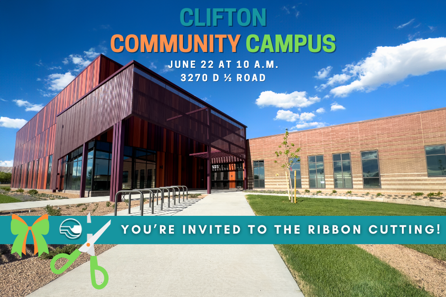 Orange and purple Clifton Community Campus building with a blue ribbon covering the graphic with green scissors and white text reading, "You're invited to the ribbon cutting!"