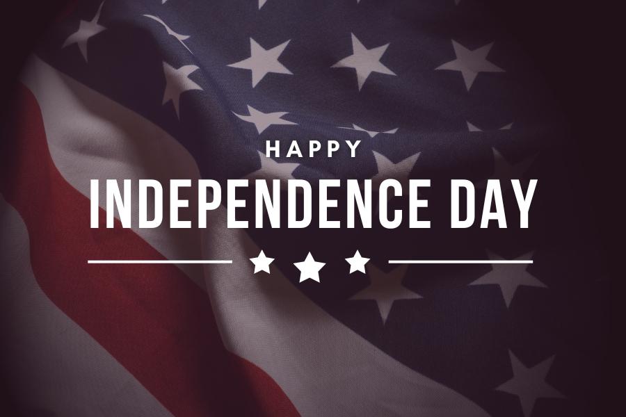 American flag with white text over reading, "Happy Independence Day."