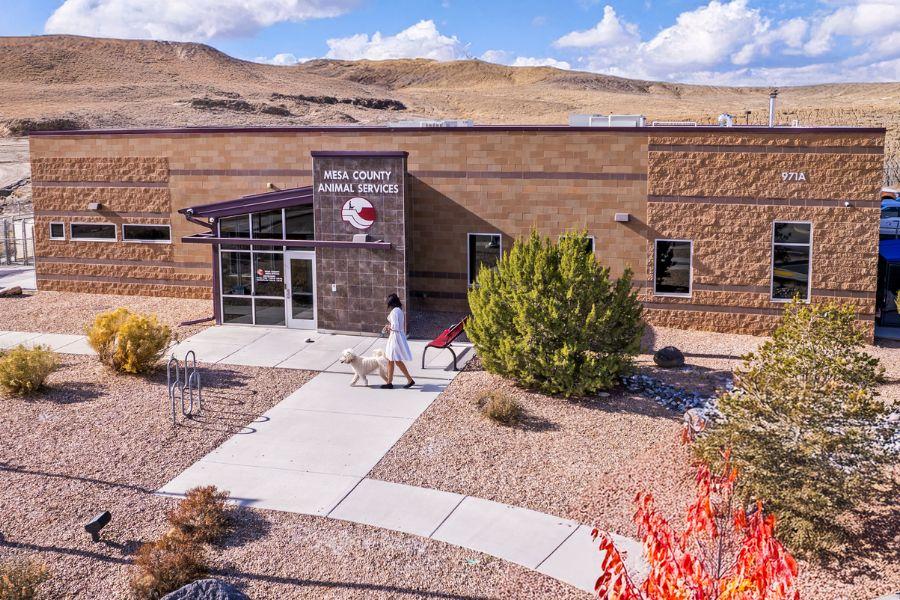 Brick buiilding with white sign reading, "Mesa County Animal Services," and a red and white Mesa County Animal Services logo, with a woman walking her dog outside the building. 