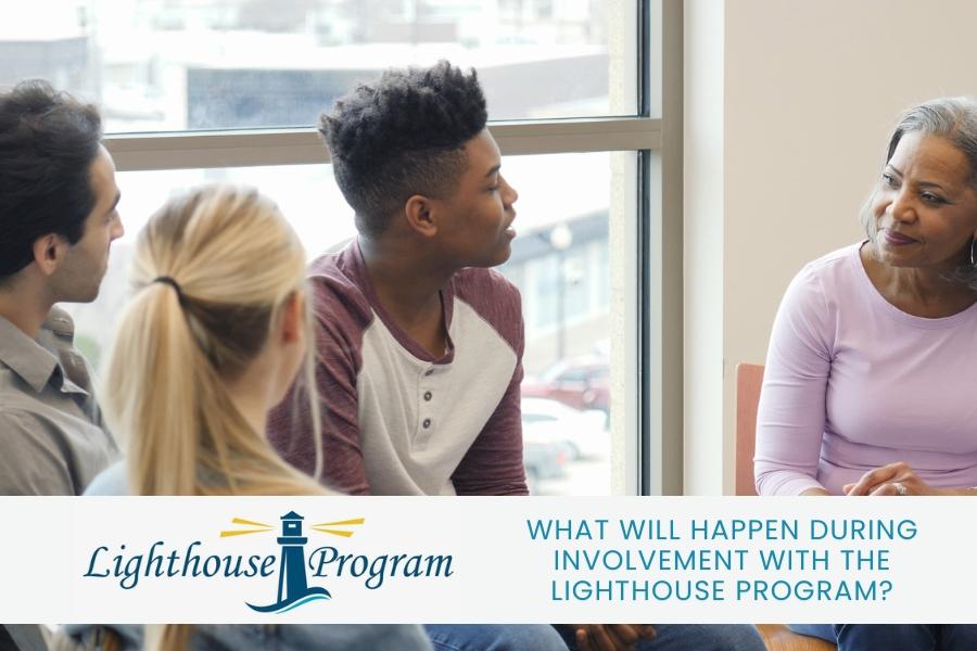 Two adults and one child sitting down facing a woman sitting down with white border on the bottom, the Lighthouse Program logo and blue text reading, WHAT WILL HAPPEN DURING INVOLVEMENT WITH THE LIGHTHOUSE PROGRAM?