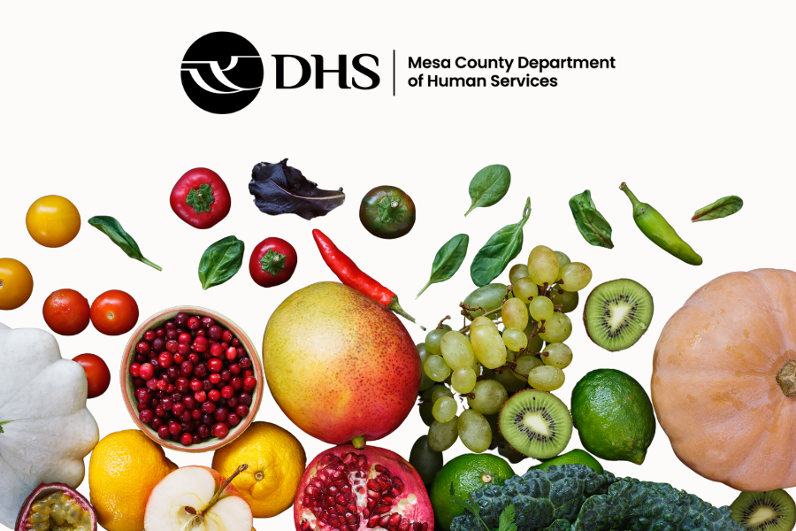 MCDHS logo on white background with food and produce items scattered about.