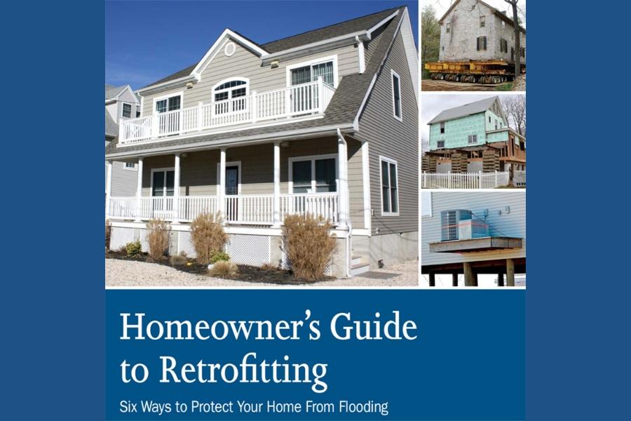Cover page of FEMA's Homeowner's Guide to Retrofitting with images of homes with different floodproofing measures implemented, such as a raised foundation and a raised cooling/heating system.
