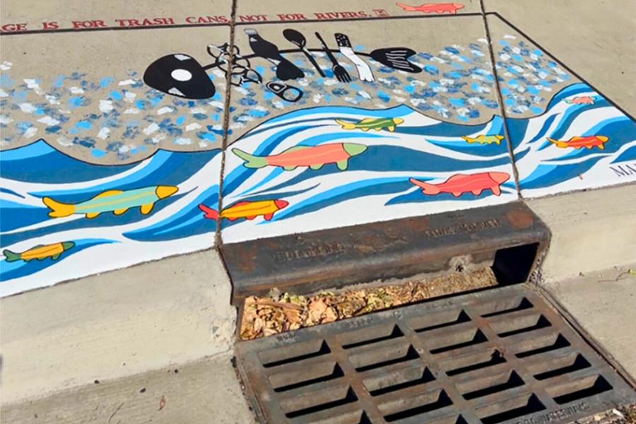 Painted sidewalk above a storm drain depicting colorful fish swimming in water with a fish skeleton made of different types of trash.