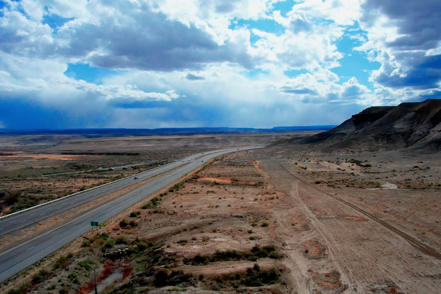 Drone photo of Highway 50 and desert landscapes near the Mesa and Delta County line.