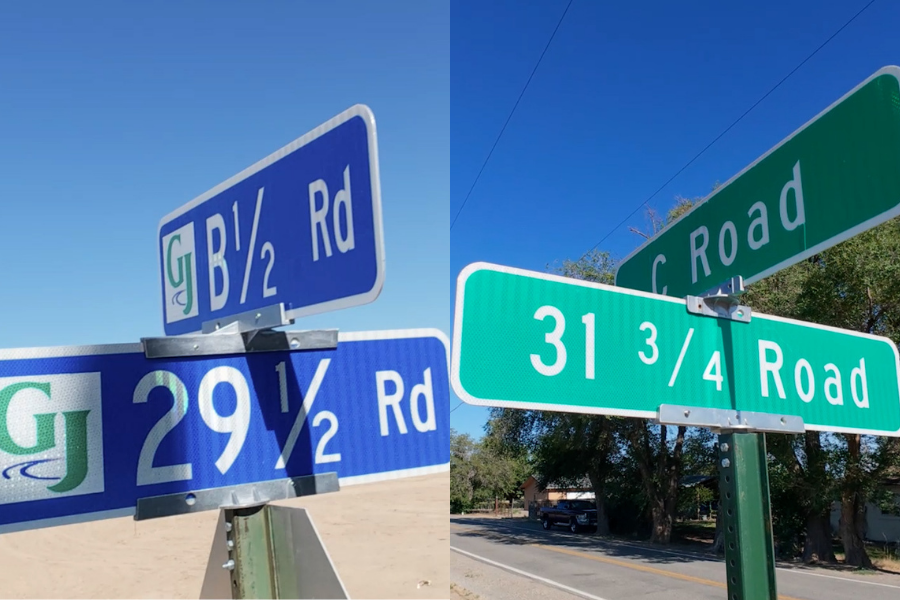 Illustration of two photos, one is a close up of blue street signs with blue sky in the background, the other is a close up of green street signs with trees and blue skies in the background.
