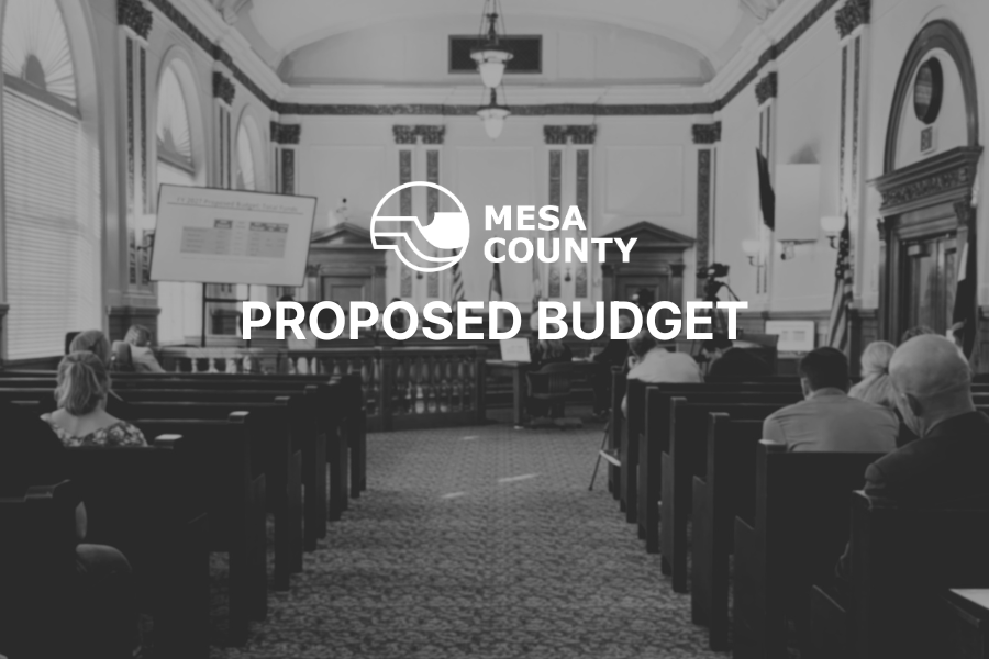 Black and white photo of the public hearing room at the Old Mesa County Courthouse. People sit in benches on both sides of the room. White text that says “proposed budget” and the Mesa County logo are in the center of the picture.